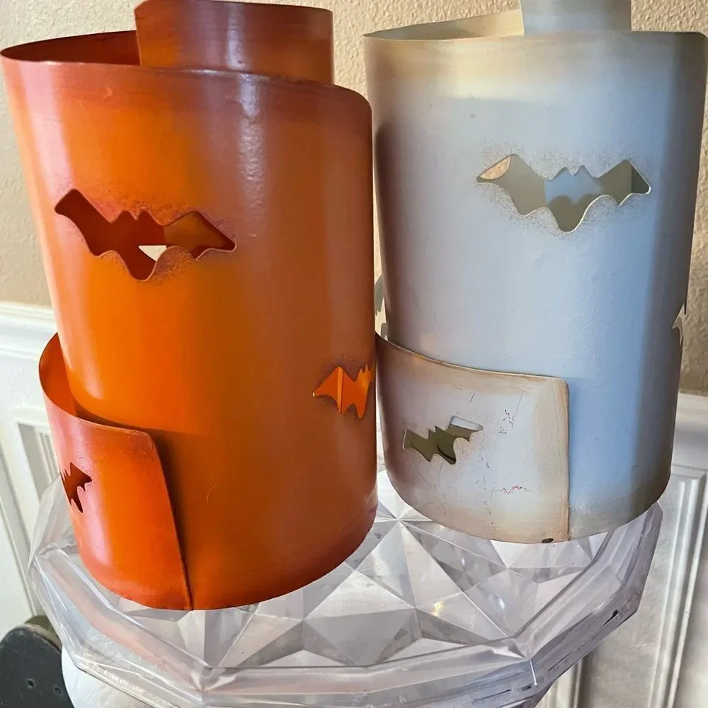 Glitzhome Set of 2 Pumpkin and Ghost Boo and Eek Metal Candle Holders